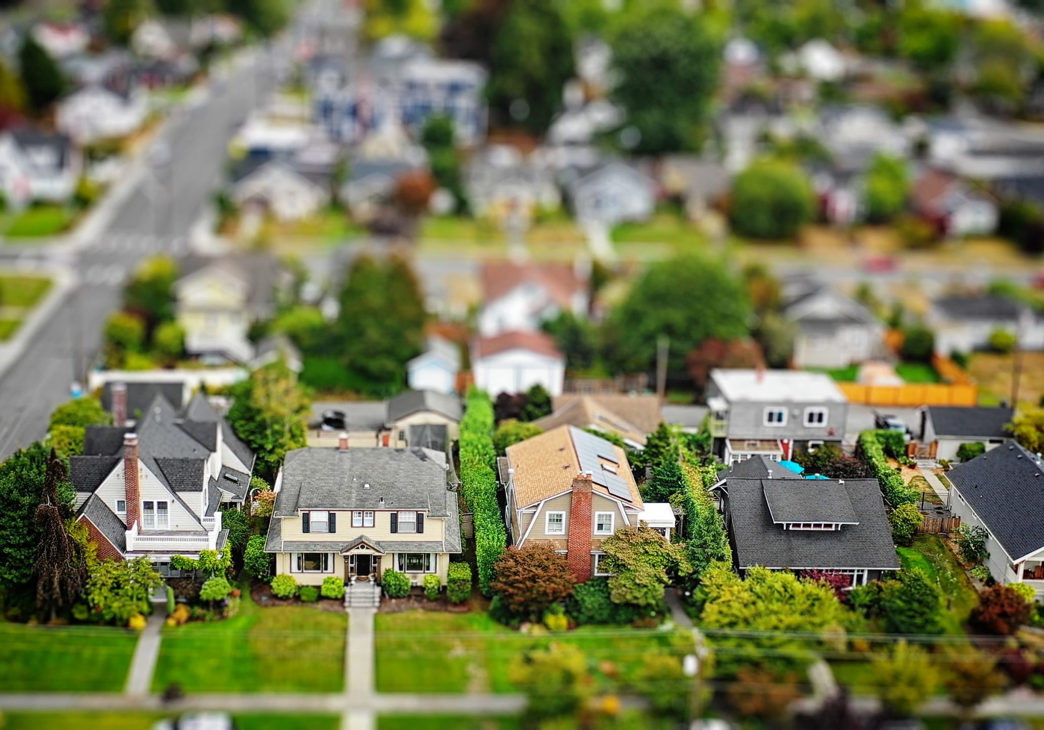 Aerial photo of an American suburban neighborhood with a tilt-shift effect